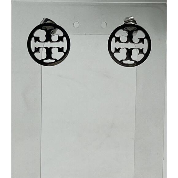 TORY BURCH Designer Silver Miller Round Circle Cut Out "T" Logo Stud Earrings - Picture 2 of 12